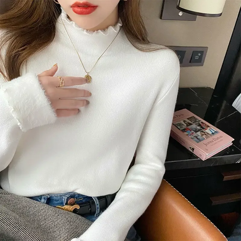 Autumn Winter Sweater Women\'s Velvet Half Turtleneck Bottoming Shirt Inner Plus Velvet Thick Top Thermal Women Clothes