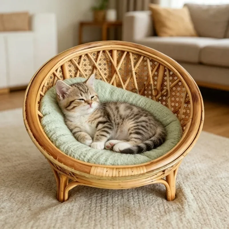 Elevated Round Wicker Cat Nest Natural Hand Woven Rattan Chair Breathable Pet Bed for Indoor Cats Pet Photography Scene Layout