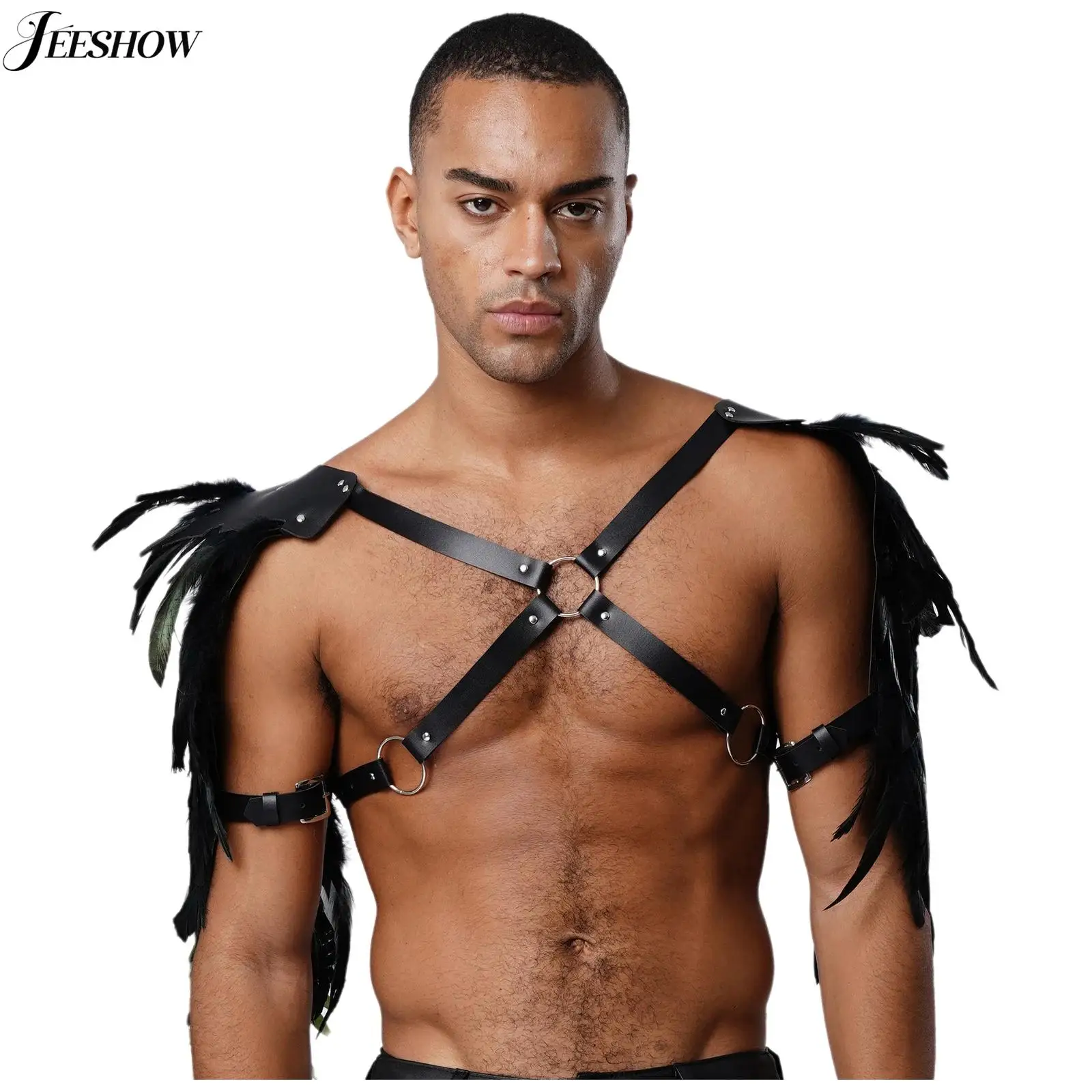 メンズゴシックパンクショルダーストラップフェザートリムリベットoリング連結チェストハーネスクロップトップハロウィンテーマパーティー-シュラッグショールケープ