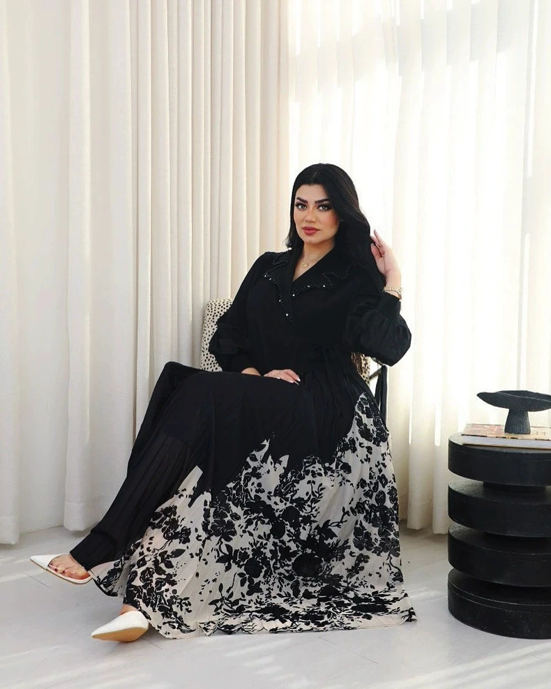 ชุดเดรส Miyaki ไซส์ใหญ่ กระโปรงพลีทสามมิติ คอปกสูท ลายพิมพ์ กระโปรงพลีทแบบสองชิ้นหลอกๆ สไตล์ยุโรปและอเมริกา แอฟริกัน ขายดี ยืดหยุ่นสูง