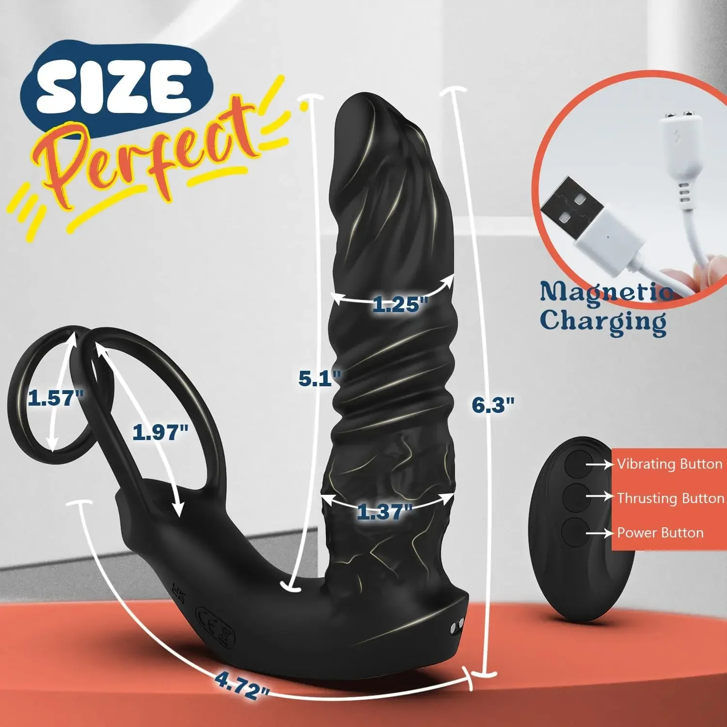 5-in-1 Vibrating Anal Plug Thrusting Anal Vibrator for Men Prostate Massager Dildo Shaped Vibrators with Dual Silicone Cock Ring