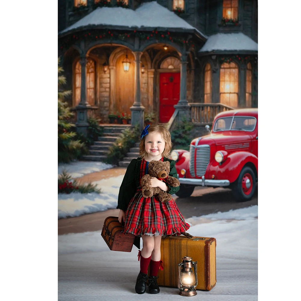 Evergreen Estate Photography Backdrop Christmas Winter Snow Photocall Photo Background Xmas Tree Red Truck Photo Studio Props