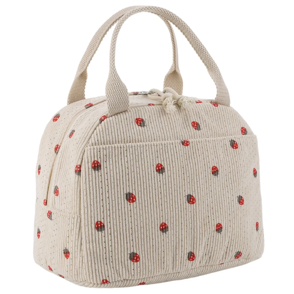 

Strawberry/Daisy Corduroy Lunch Tote Bag Large Capacity Lunchbox Storage Bag Multi-Function Thermal Bento Bag for Office School