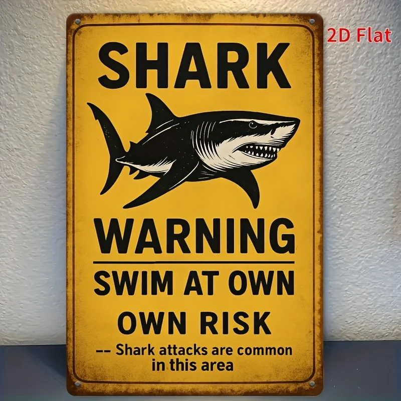 Shark Warning Metal Sign -   Retro Iron Wall Art with Bold Black & White Shark Graphic, 