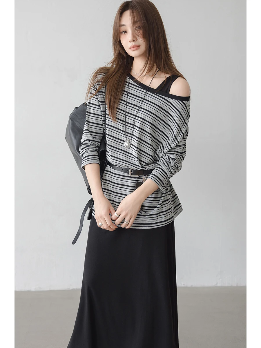 

Женский комплект: футболка в полоску и длинное платье Ele Ladylike, повседневный стиль, осень-весна, универсальный размер