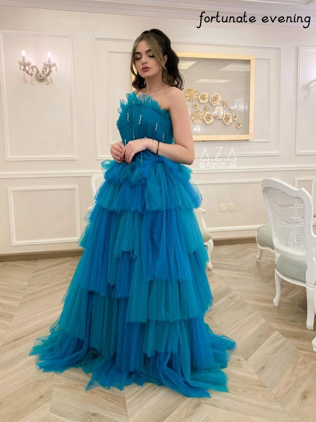 

Fortunate Evening Elegant Vintage Sweet Blue Crystal Beading Ruffle Customized Formal Occasion Prom Dress Evening Party Gowns