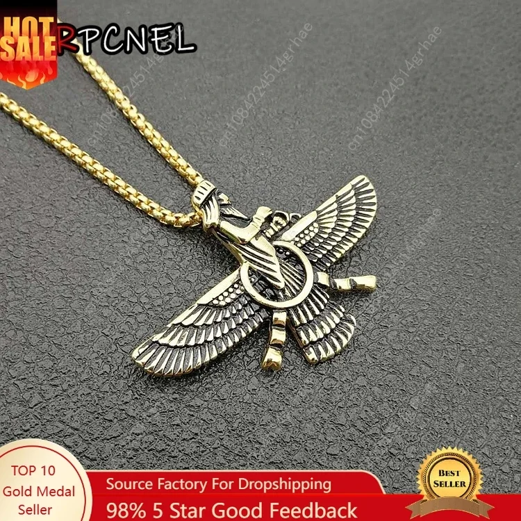 

Hip Hop Paved Faravahar Ahura Mazda Zoroastrian Pendant Necklace Gold color 316L Stainless Steel Men Jewelry
