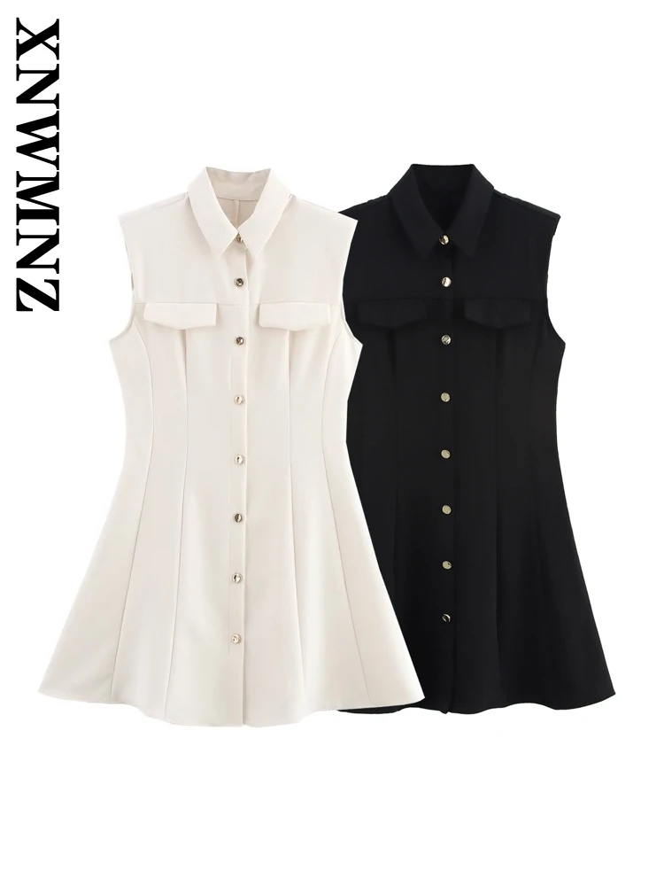 

XNWMNZ 2025 Summer New Woman Elegant Mini Skirt Top Sophisticated Female Short Sleeve Dresses Regular Fit Turn-down Collar Dress