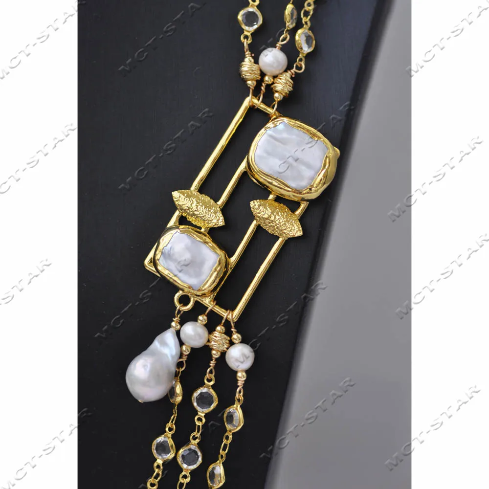 Z14157 3Row 30'' White Baroque Keshi Reborn Round Pearl Clean CZ Chain Necklace Pendant