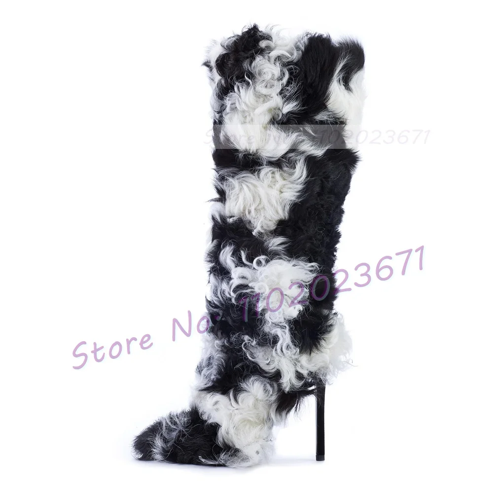 Hot Pink Shearling Hair Boots Women Sexy Thin High Heels Chic Curly Fur Party Shoes Female Luxury Round Toe Side Zipper Boots