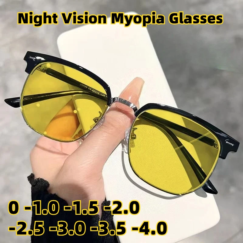 Neue halbrandlose High-Definition-Nachtsicht-Myopie-Brille, Unisex, klassisches Fahren, UV-Schutz, blendfreie Brille, 0 bis -4,0