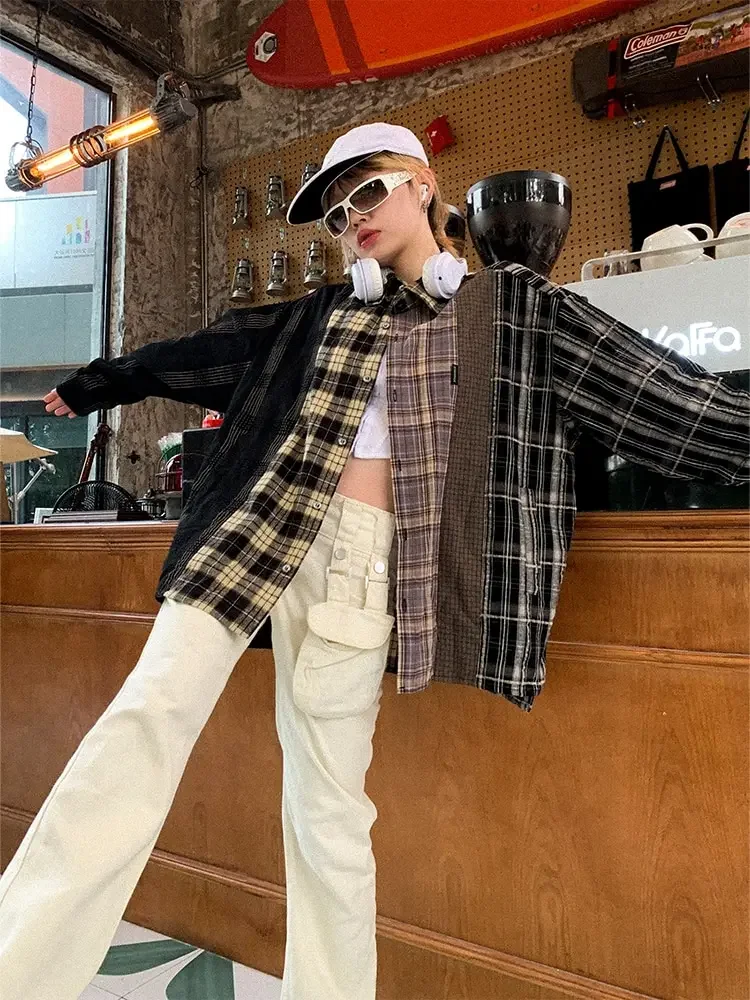 2022 Early Autumn Women New Vintage Plaid Turn-down Collar Over-shirt Long Sleeve Streetwear Loose Patchwork Harajuku Blouses