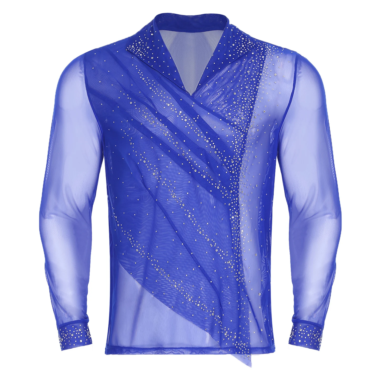 Top da uomo in rete velata da pattinaggio di figura con strass scintillanti, camicia pullover a maniche lunghe con scollo a V e risvolto per spettacoli di ginnastica di balletto