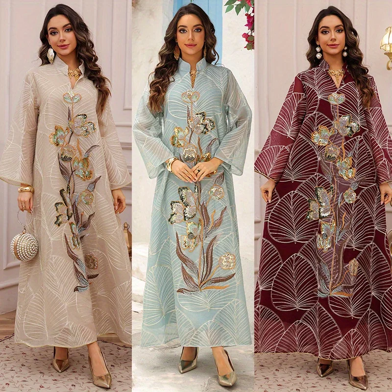 

2025 New Mesh Embroidery Dress Muslim Robe Ethnic Clothing Long Middle Eastern Women's Clothing Women's Dress Accessories Set