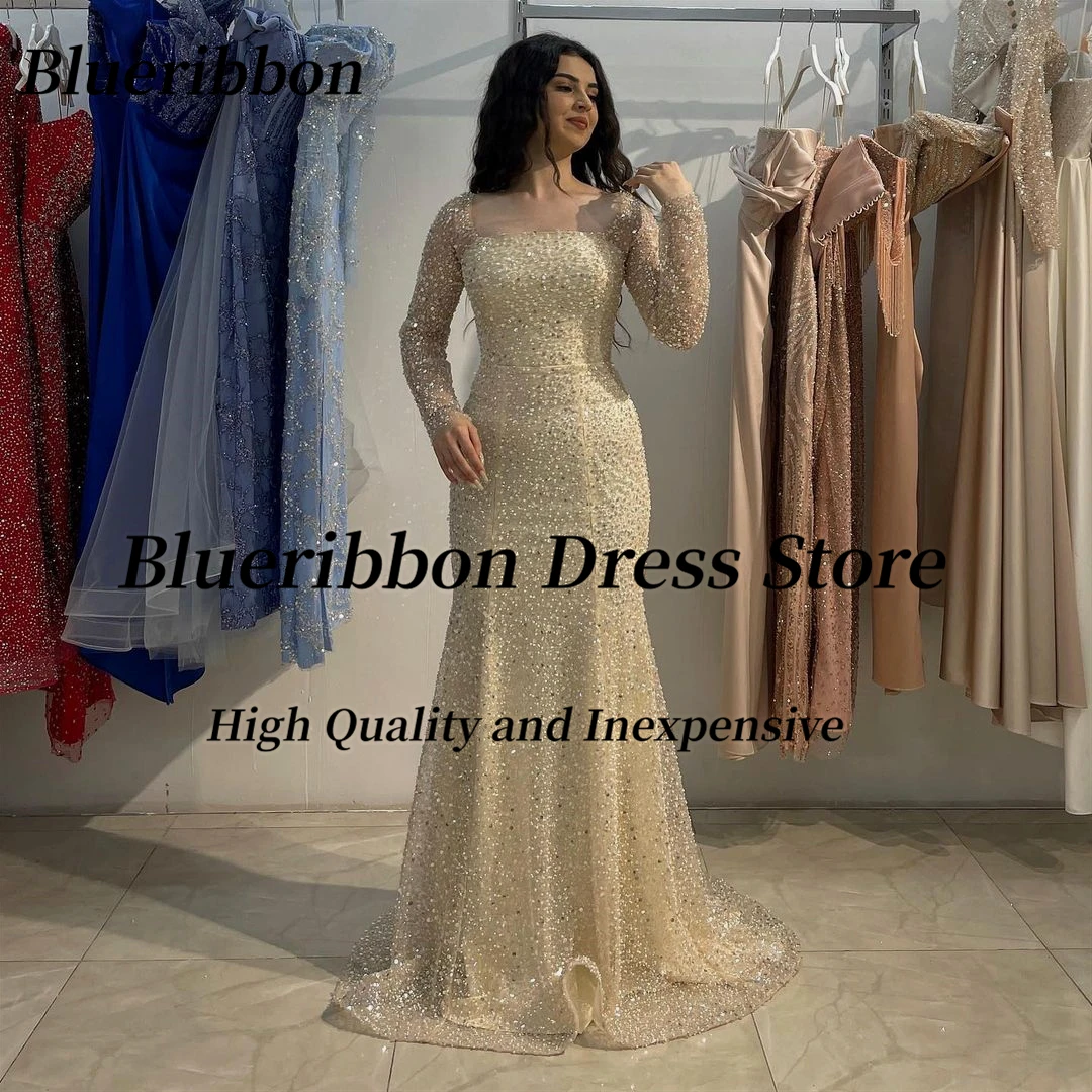 Blueribbon Shinny Sequins Mermaid Dresses for Prom 2024 Square Neck Long Sleeves Evening Gowns Zipper Back Dubai Party Dress