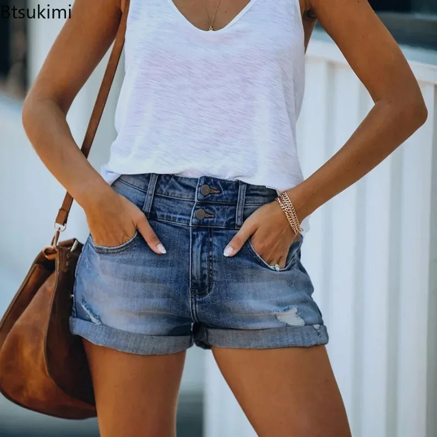 2024 Women\'s Summer High Waist Denim Shorts Casual Female Straight Button Jeans Shorts Fashion Denim Shorts Femme Short Pants