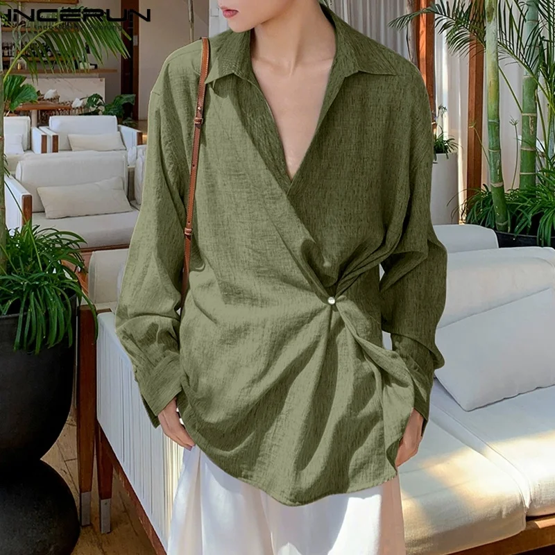 INCERUN الرجال غير النظامية قميص الصلبة التلبيب كم طويل زر الرجال الملابس فضفاضة الشارع الشهير الكورية نمط بلوزات على الموضة الذكور القمصان