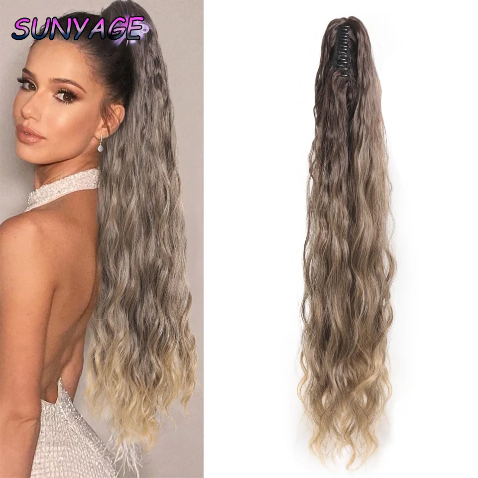 SUNYAGE 32 inch claw shaped ponytail with corn whiskers and water waves for soft and natural hair