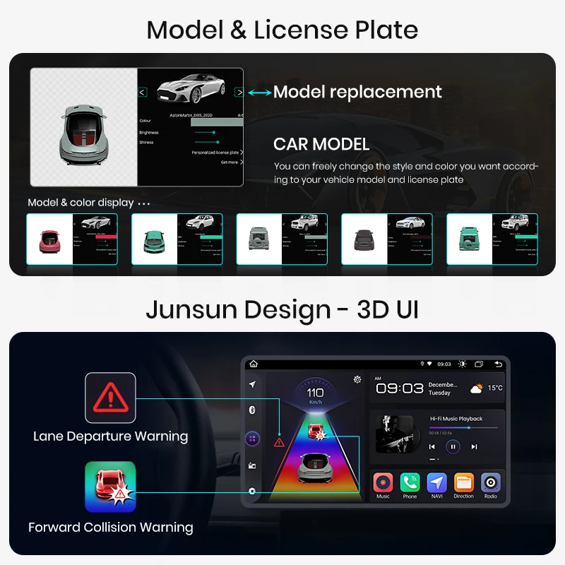 Junsun AI Voice CarPlay Android Auto Universal 7 "9" 10 "راديو السيارة ستيريو الوسائط المتعددة Autoradio GPS DSP أنظمة ذكية ثلاثية الأبعاد UI #2