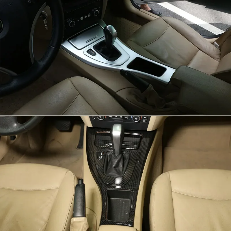 LHD For BMW 3 Series E90 E92 E93 2005-12 ABS Carbon Fiber/Silver Center Console Gear Shift Frame Panel  Sticker Car Accessories