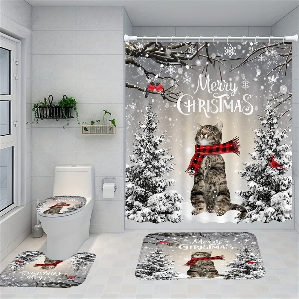 Modern bathroom shower curtain Waterproof family carpet Christmas 4-piece toilet seat cover Carpet bathroom non-slip floor mat