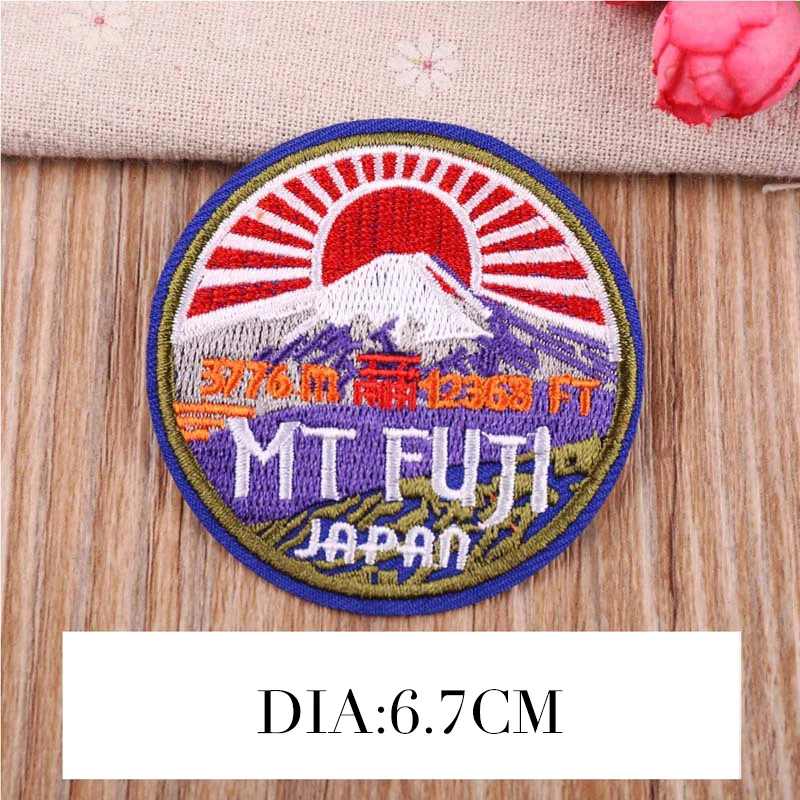 Round Landscape Mount Fuji Iron On Patches Embroidered Applique for Jacket Clothes Stickers Badge DIY Tree Apparel Accessories