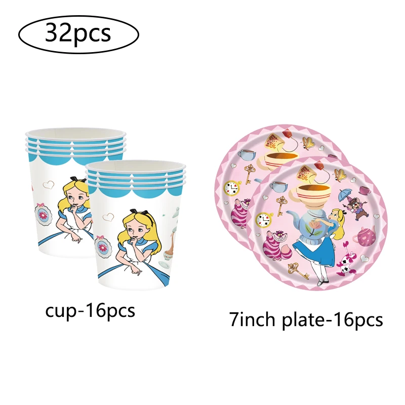 Disney Alice in Wonderland Birthday Party Decoration Include Paper Cup Plate Napkin Tablecloth Cake Topper for Kids Baby shower