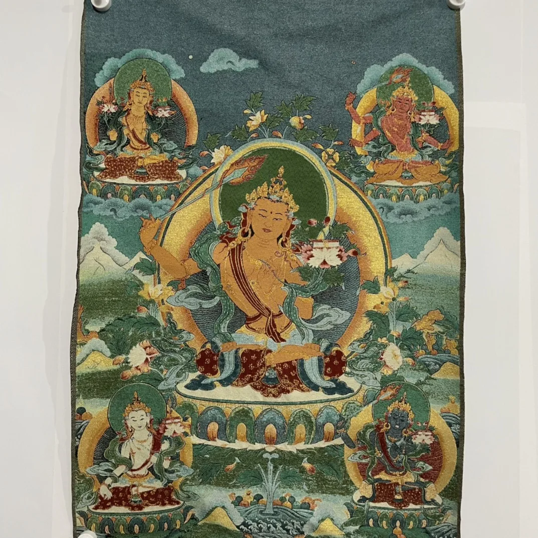 

35"Thangka Embroidery Tibetan Buddhism silk brocade Manjushri Bodhisattva Buddha Thangka hanging screen Worship Hall Town house