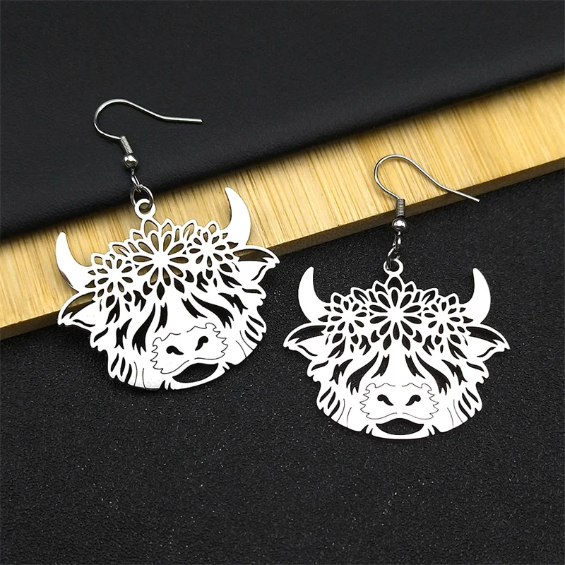 Bohemia Flower Cattle Cow Dangle Earrings for Women Men Stainless Steel Gold Silver Color Bull Calf Animal Earring Jewelry