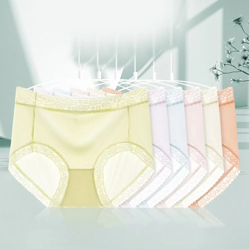 6Pcs Mesh Thin Ice Silk Panties Mid Waist Cotton Crotch Seamless Lace Briefs Underpants Transparent Underwear for Women Lady