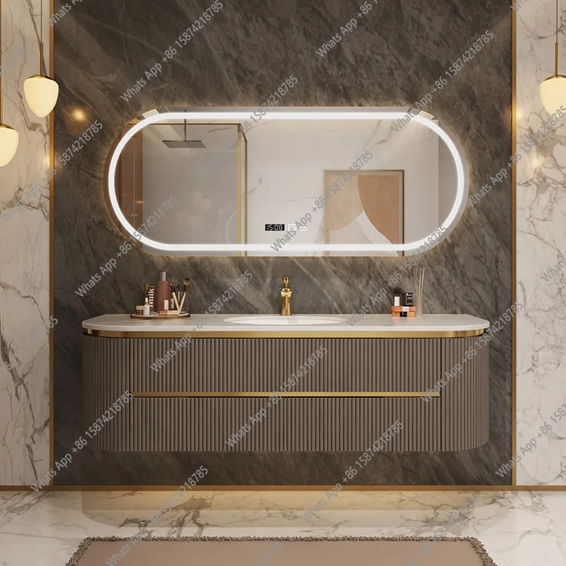 

Curved ribbed wall-mounted bathroom vanity with light suitable for families