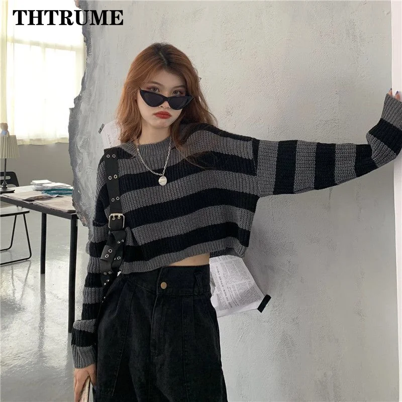 Y2K Striped Vintage Women Sweater Fashion Autumn Winter Long Sleeve Round Neck Korean Jumper Casual Office Lady Loose Pullovers