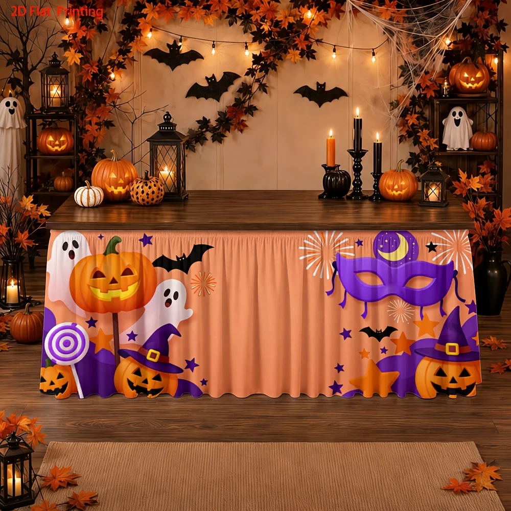 Halloween table skirt, featuring pumpkin, bat mask, star, and lollipop prints - a spooky style.zyc