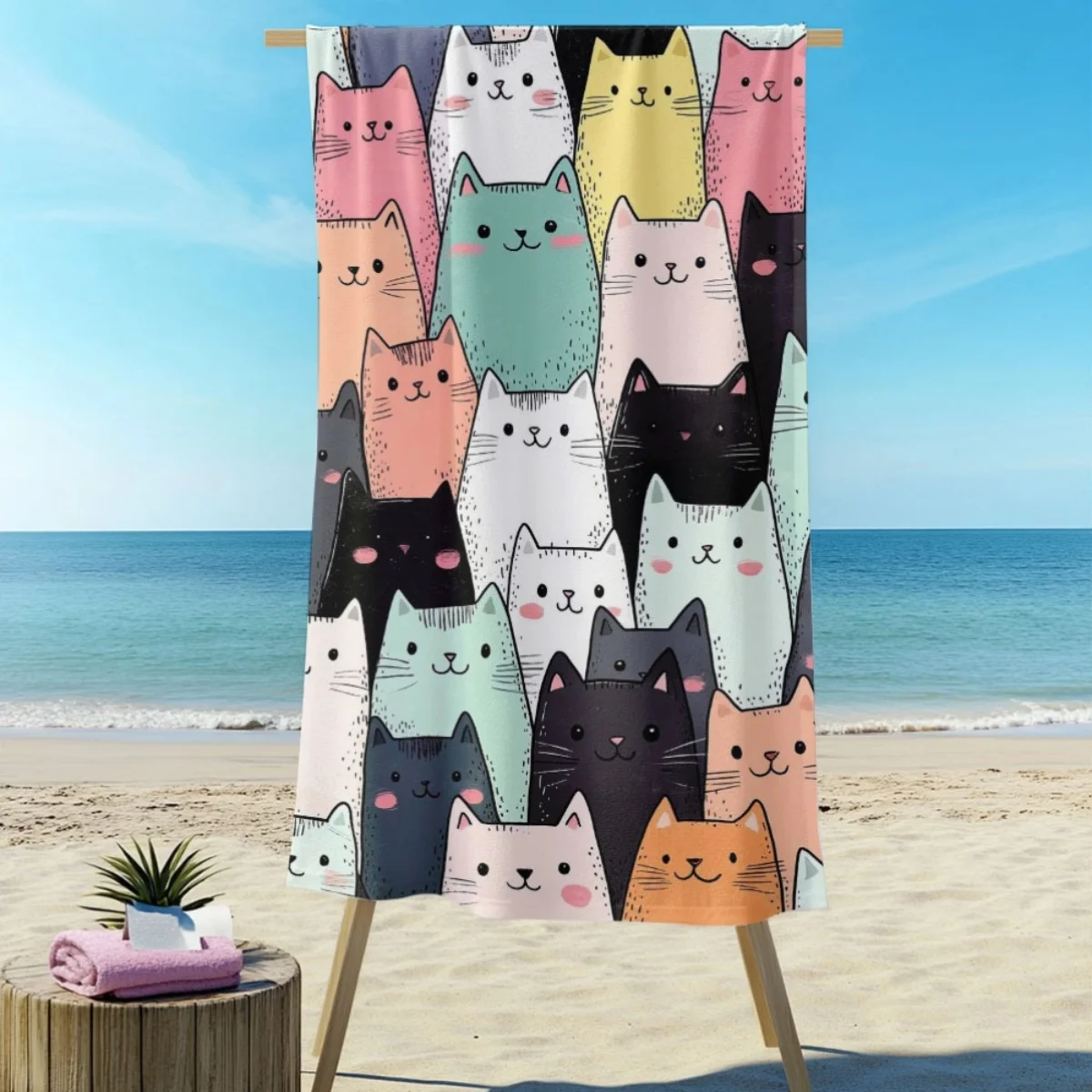 B16 Beach Towel Cute Cat Kitten Print Quick Dry Soft Absorbent Bath Towel Funny Animal Summer Pool Mat
