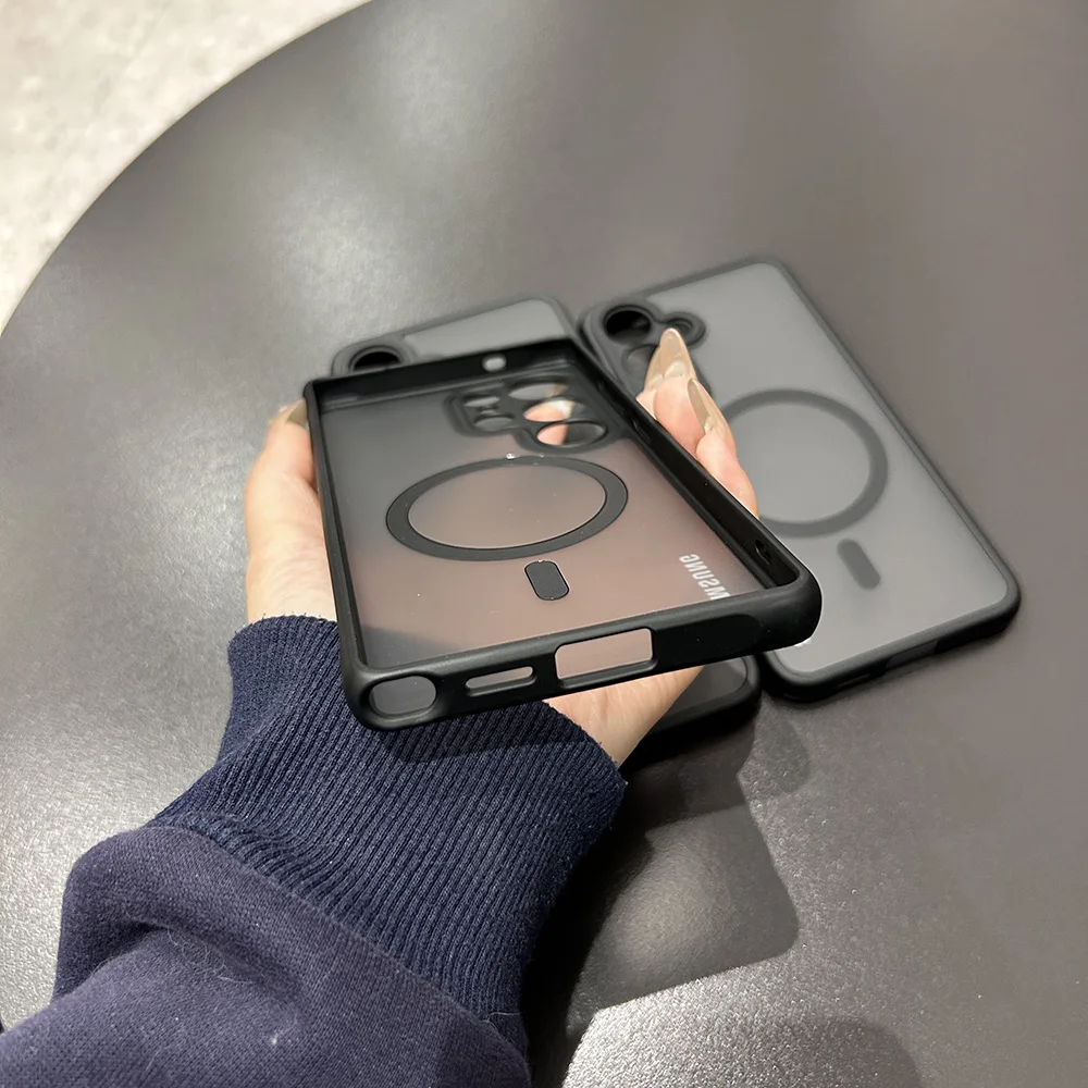 حافظة لهاتف سامسونج S25 S25 Plus S25Ultra FE Edge شحن مغناطيسي لاسلكي غطاء شفاف غير لامع لهاتف Magsafe شفافة متجمدة