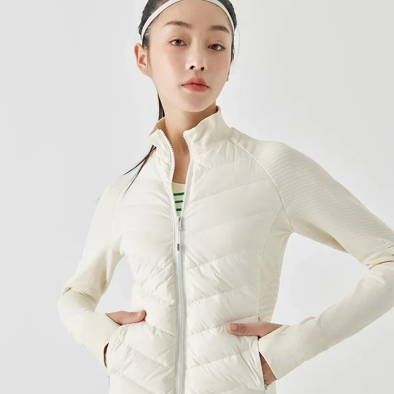 Thin white goose down down jacket, warm and windproof outdoor jogging casual top, slim fitness yoga cardigan jacket