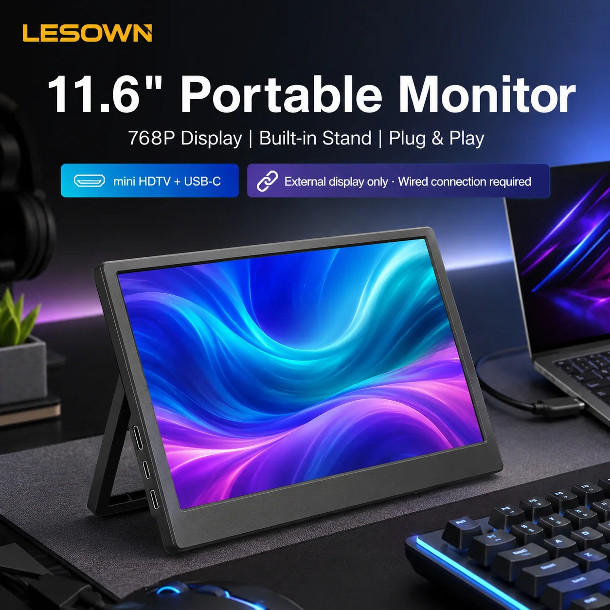 LESOWN 11.6" Mobile Display 768P Color Driverless Portable Monitor for Entertainment