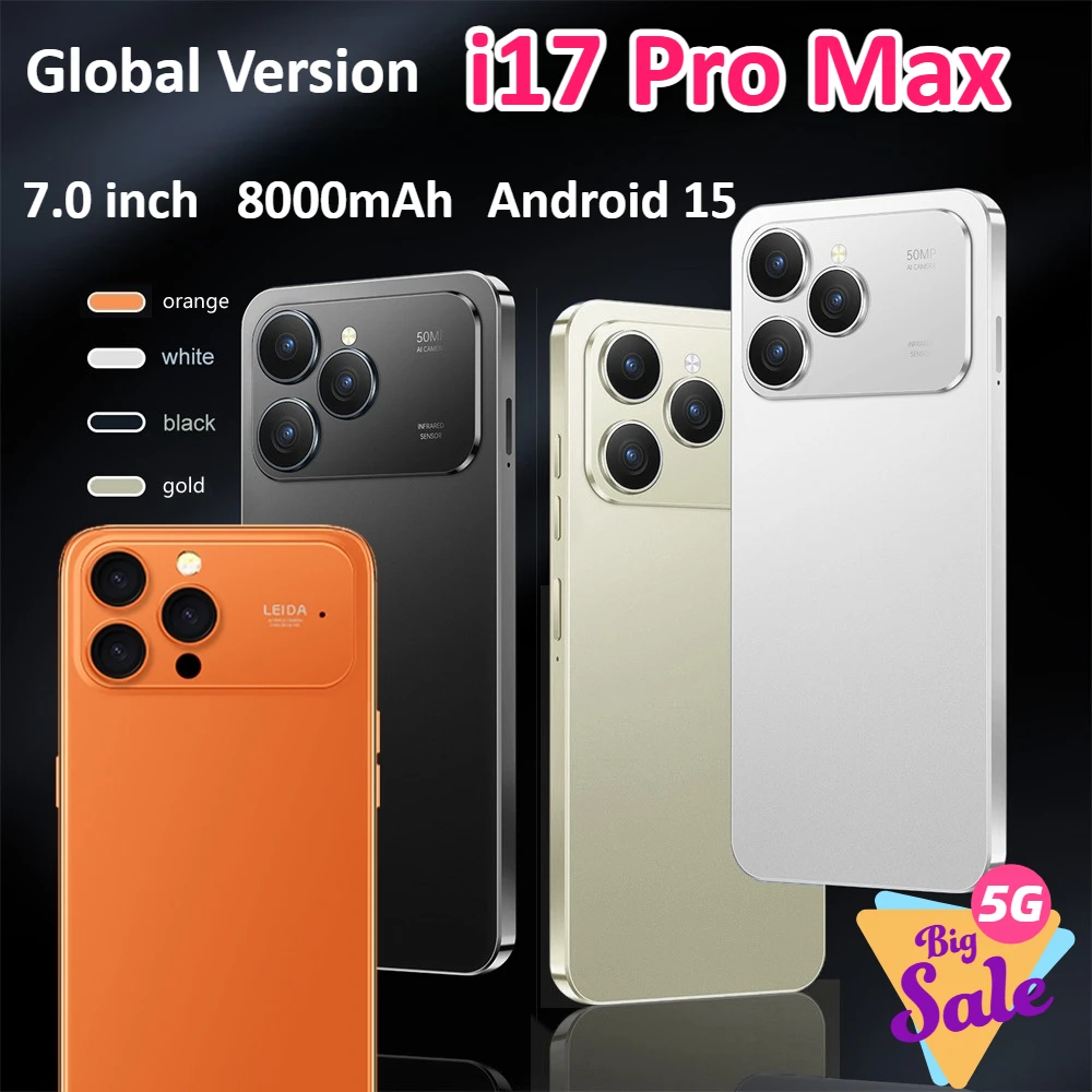 2026 НОВЫЙ для смартфона i17 Pro Max, оригинальные мобильные телефоны 7,0HD, мобильные телефоны с двумя картами 5G, 8000 мАч, Android 15, разблокированный сотовый телефон
