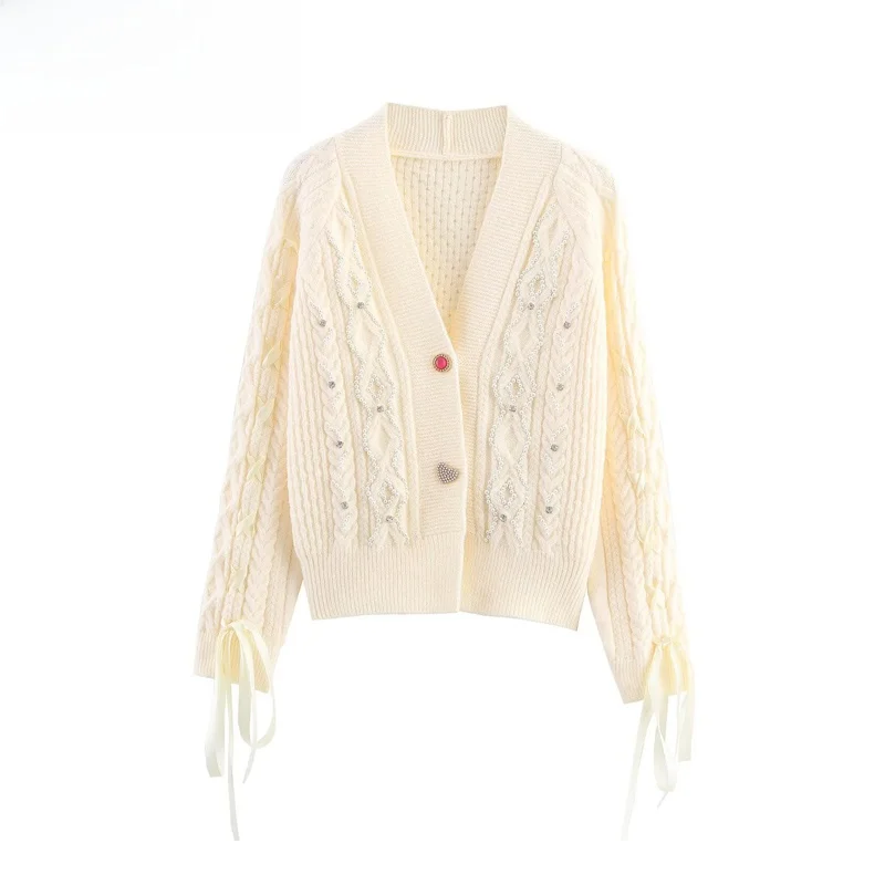 

ZBZR Autumn New Women's Knitted Top Faionable mat Versatile Cord-Punched Beaded Open Cardigan Polyester Fiber