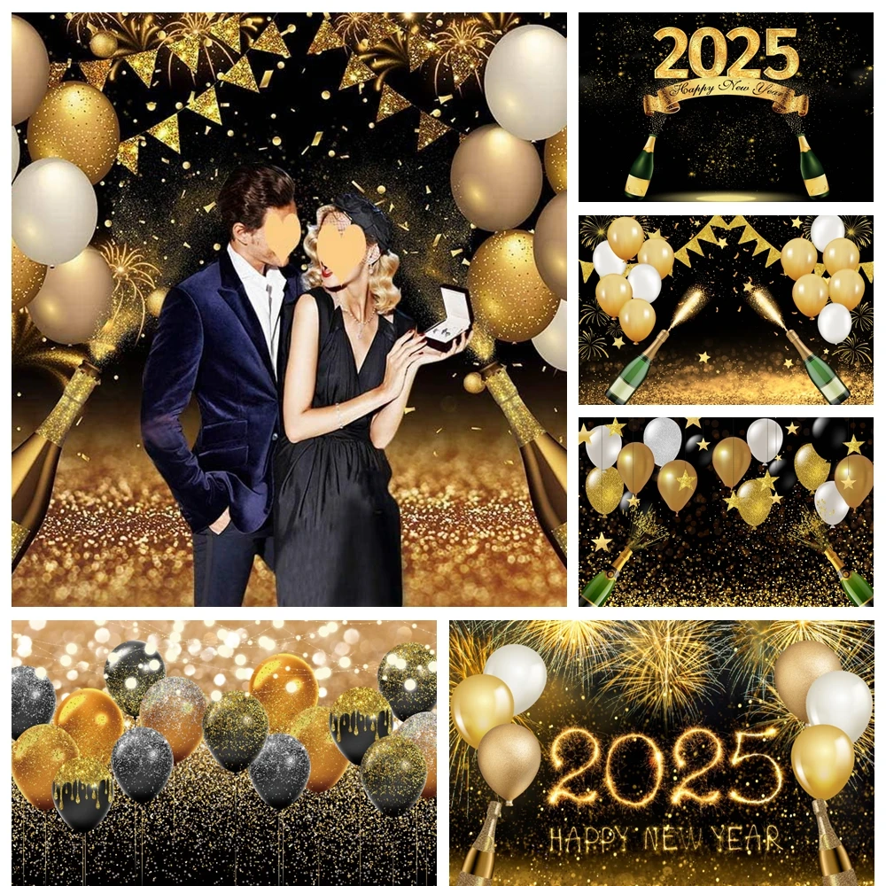 Black Gold Balloon Photography Backgrounds Golden Champagne Scattered Scene 2025 New Year Decor Wedding Birthday Party Backdrops