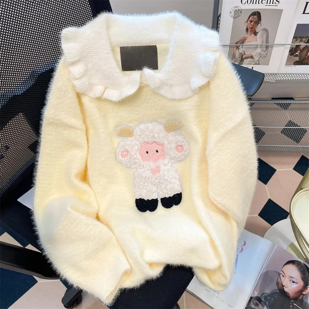 Japanese Lolita Sweet Girls Winter Thicken Fur Knitted Sweater Doll Collar Jumper Pullover Cartoon Sheep Embroidery Y2K Harajuku