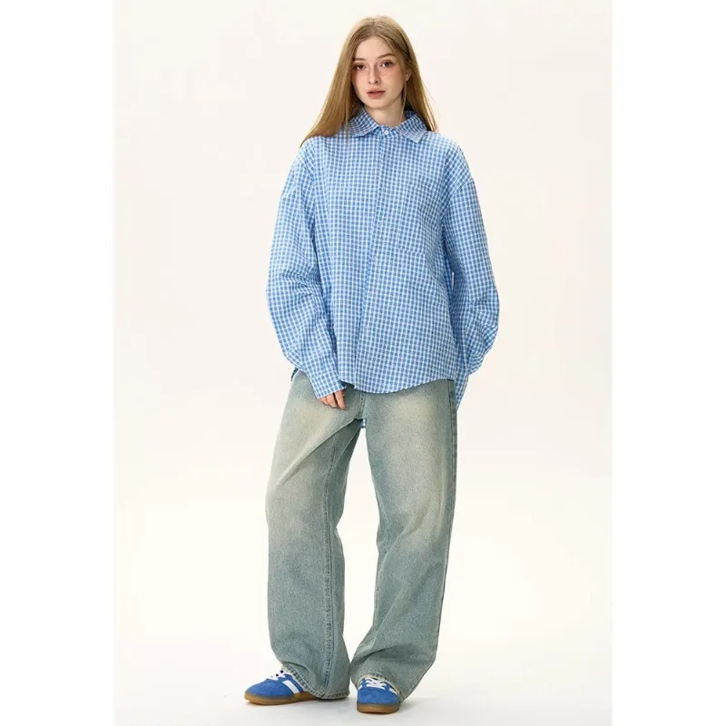 

Women Blue Gingham Oversized Shirt Casual Loose Fit Long Sleeve Button Down Blouse with Pocket for Daily Streetwear