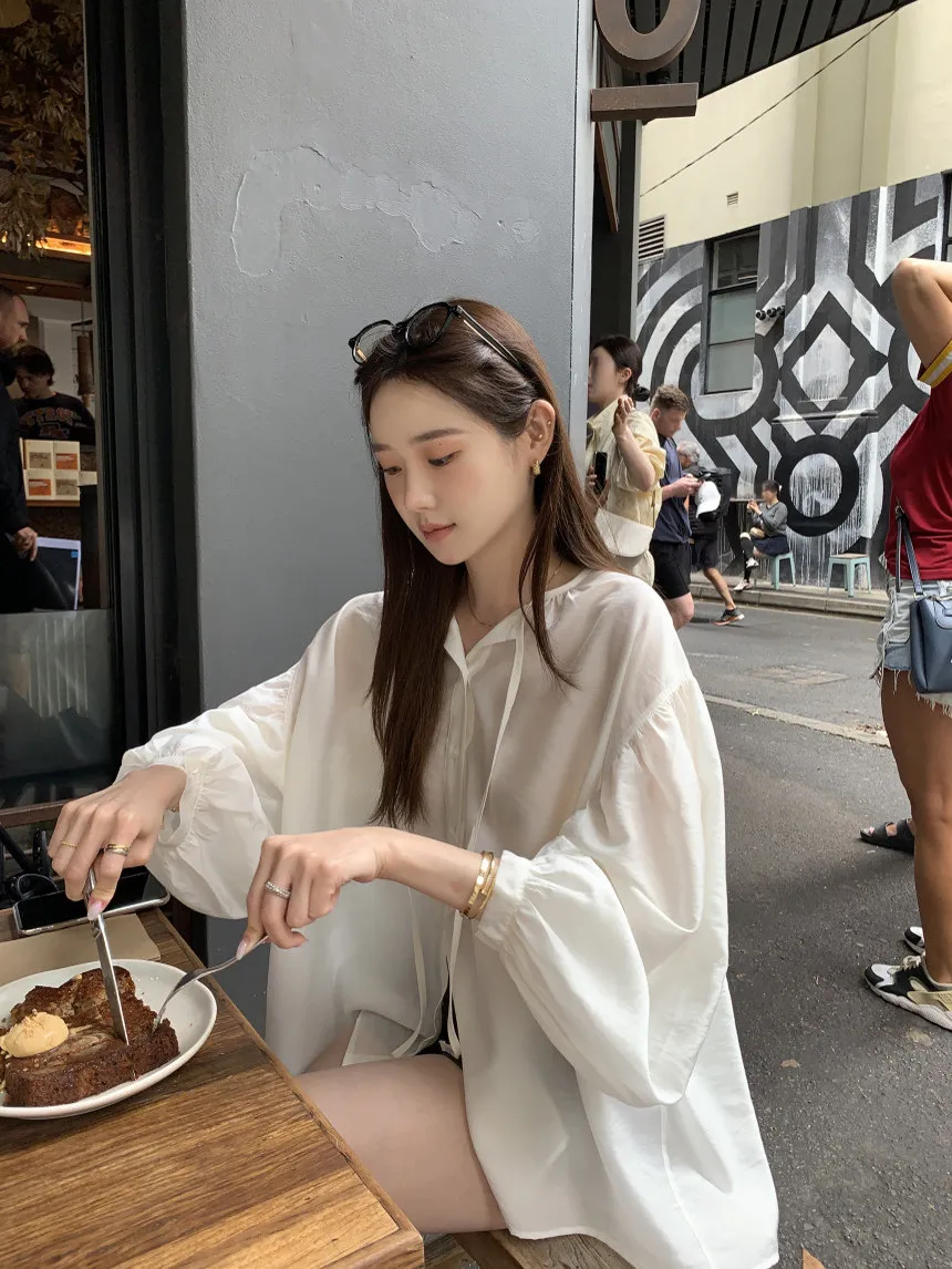 

Chic Loose Lantern Sve irt Women's Sweet Match All Seasons Thinming a Lightweight V-Ne Long Sve Chiffon Top