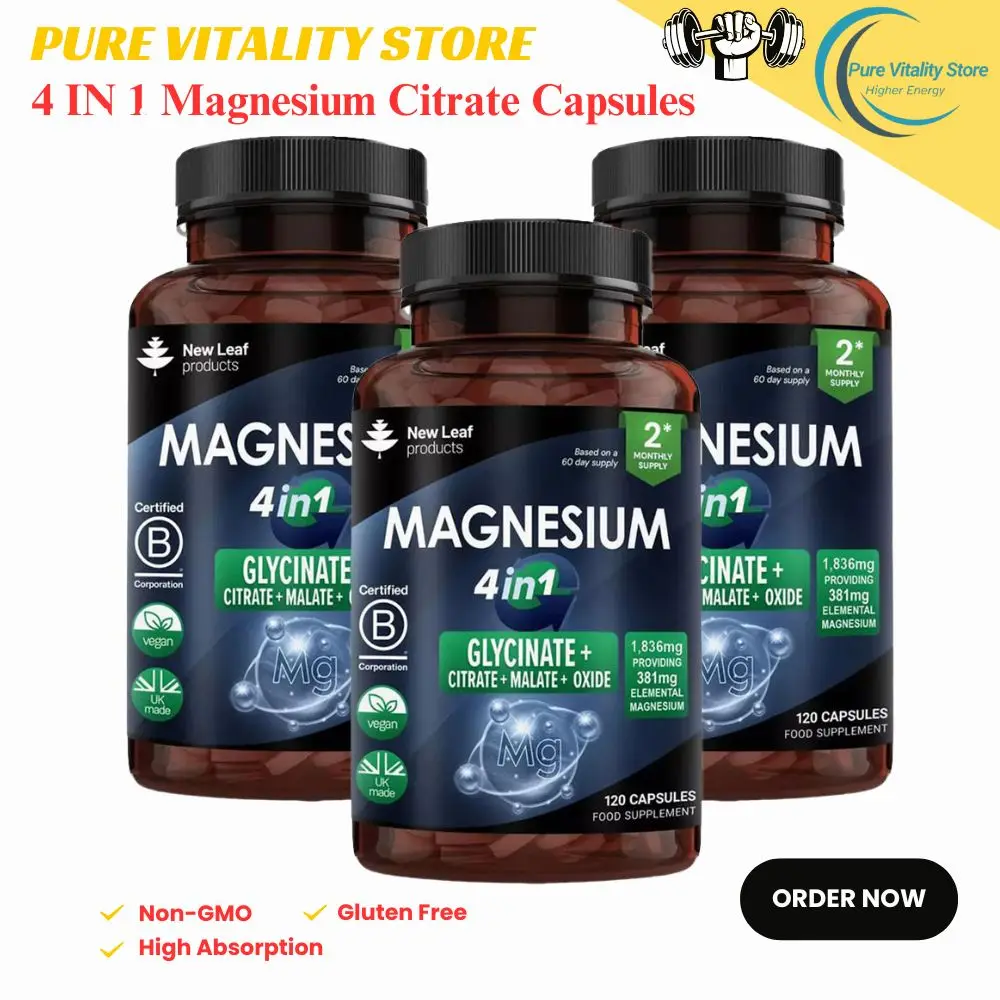 

3Bottles High Absorption Magnesium Glycinate, Malate, Citrate, Non-GMO, Vegetarian, Gluten Free,120Capsules Per Bottle