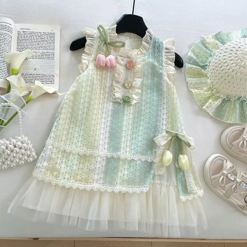 

Summer Girls' Dress2025New Sleeveless Lace Trim Vest Dress for Little Girls, Lace Flower Princess Dress, Wholesale Available