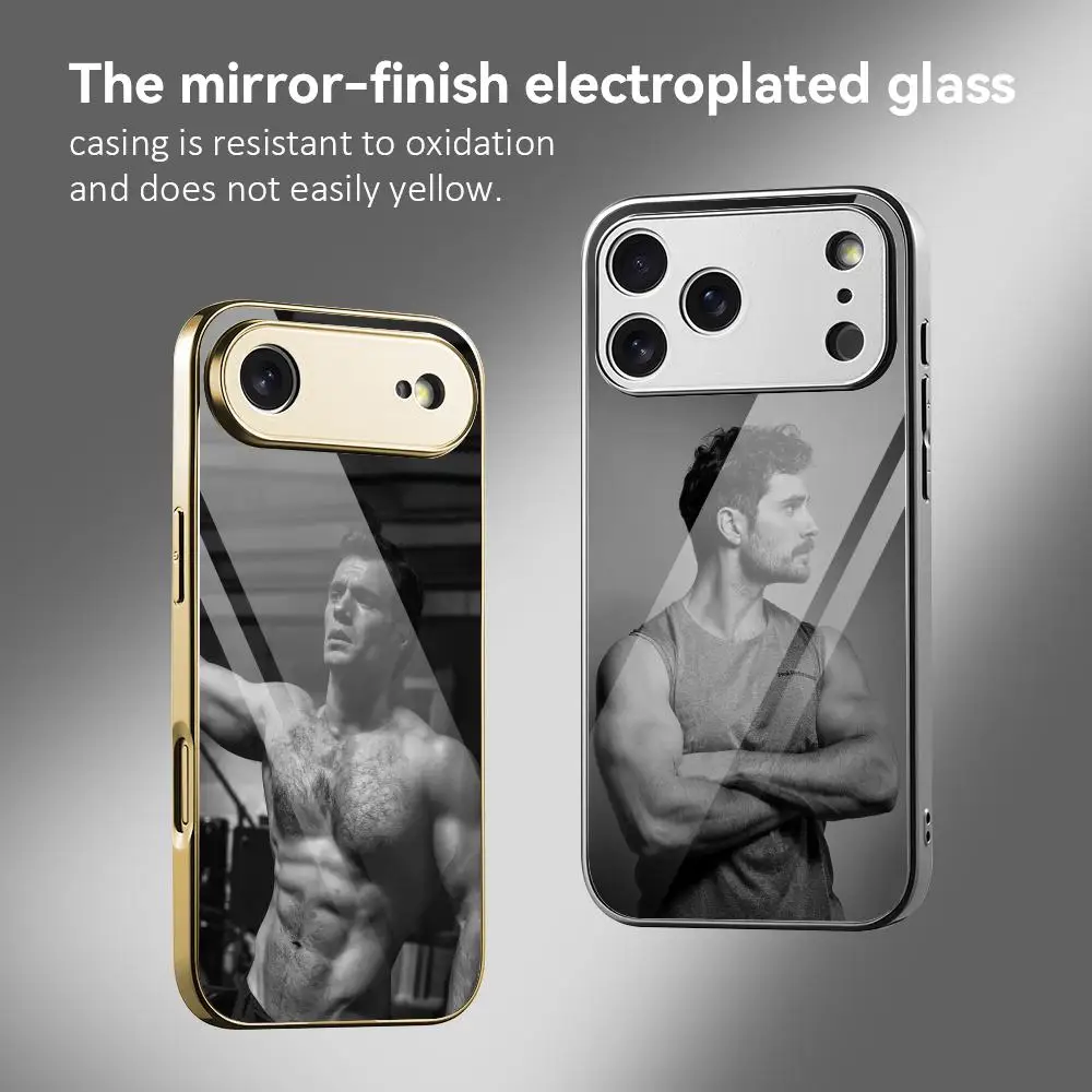 

H-Henry Cavill Actor Phone Case For IPhone 17 16 15 14 13 12 Pro Max Plus Electroplated Metal Bumper Case Tempered Glass Back