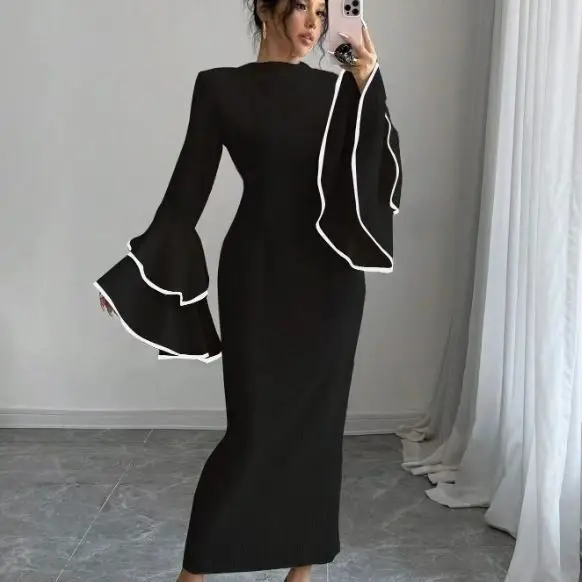 

Fashion new temperament horn lotus leaf contrasting color celebrity light luxury skirt adult evening dresses Slight Strech