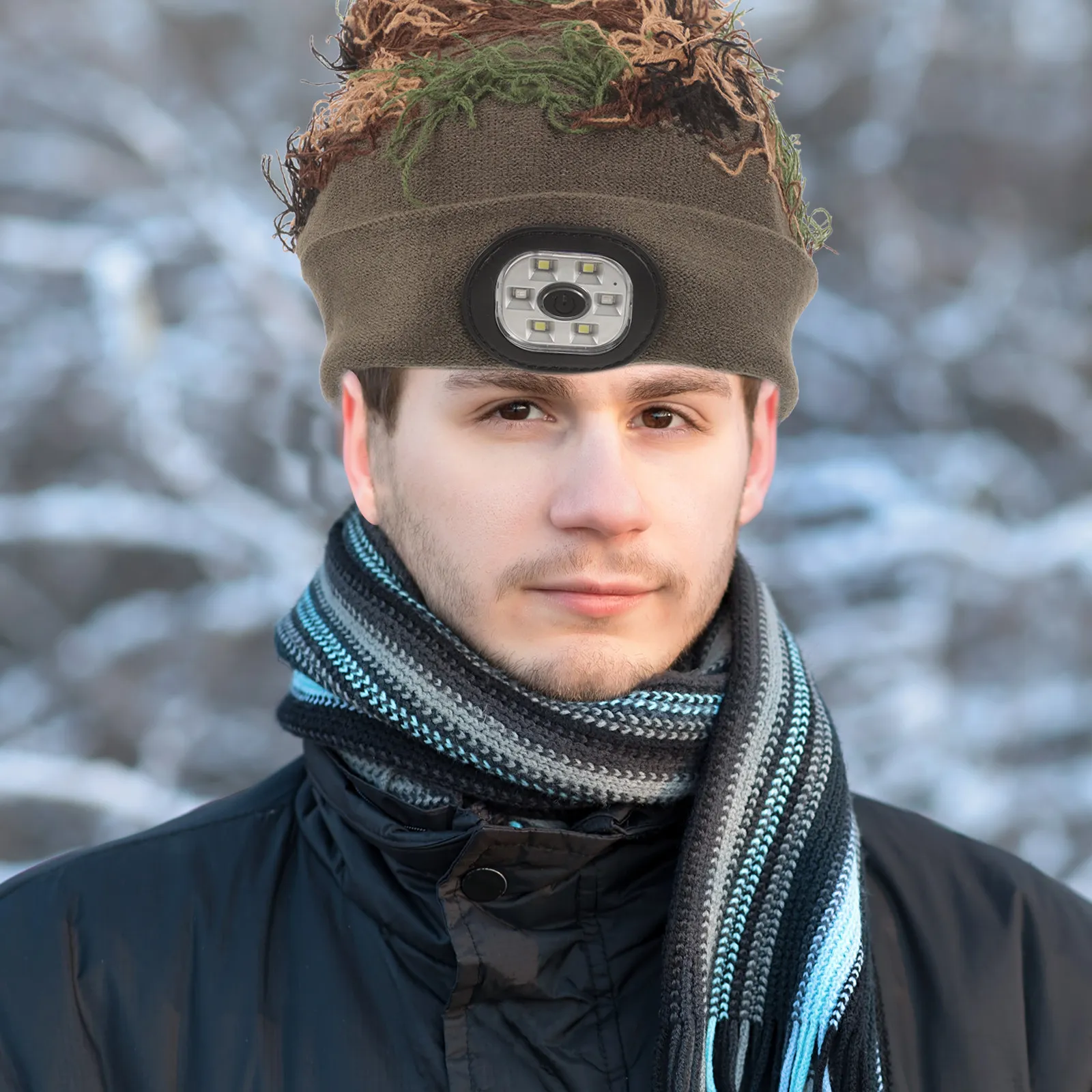 

Камуфляжная вязаная шапка с LED-фонариком для ночного бега, походов и активного отдыха, зимняя шапка-фонарик, снаряжение для бега