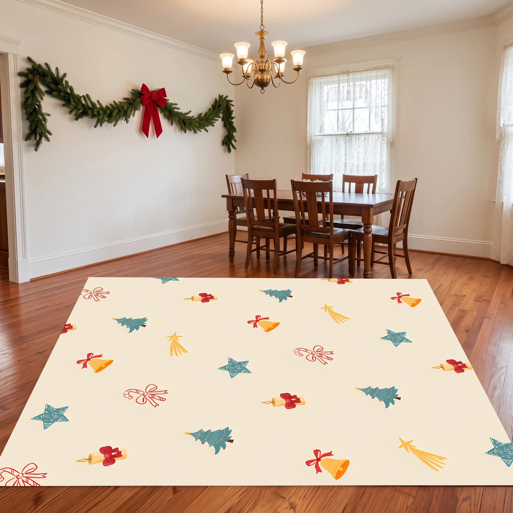 Velvet Rug Scattered Christmas Bell Star Little Tree Print Warm Playful for Bedroom Living Room Entryway Decor