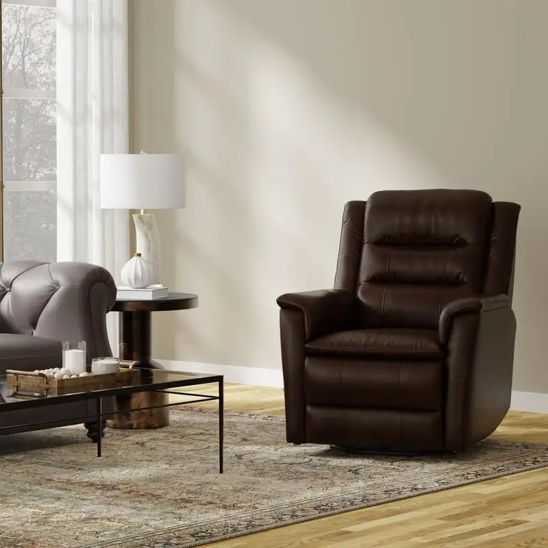 

Global Home Swivel Glider Recliner with Manual Footrest in Tobacco. Comfortable swivel glider chair with manual recline and